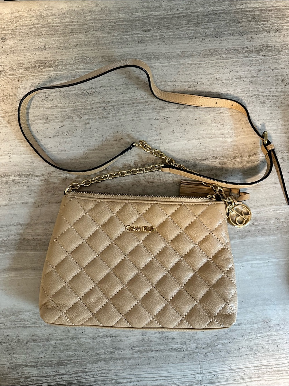 Calvin Klein Beige Quilted Crossbody with Gold Accents
